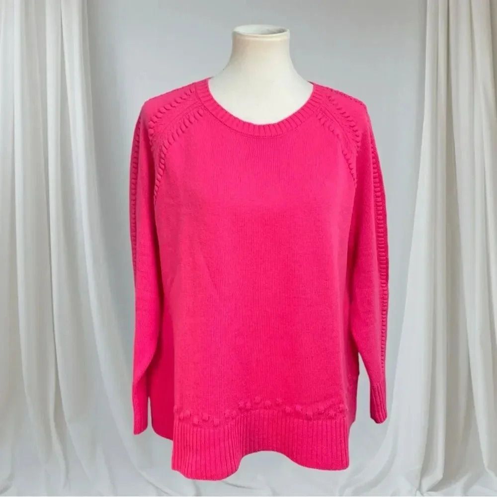 Sail to Sable crewneck sweater, hot pink pompoms pullover cashmere wool blend